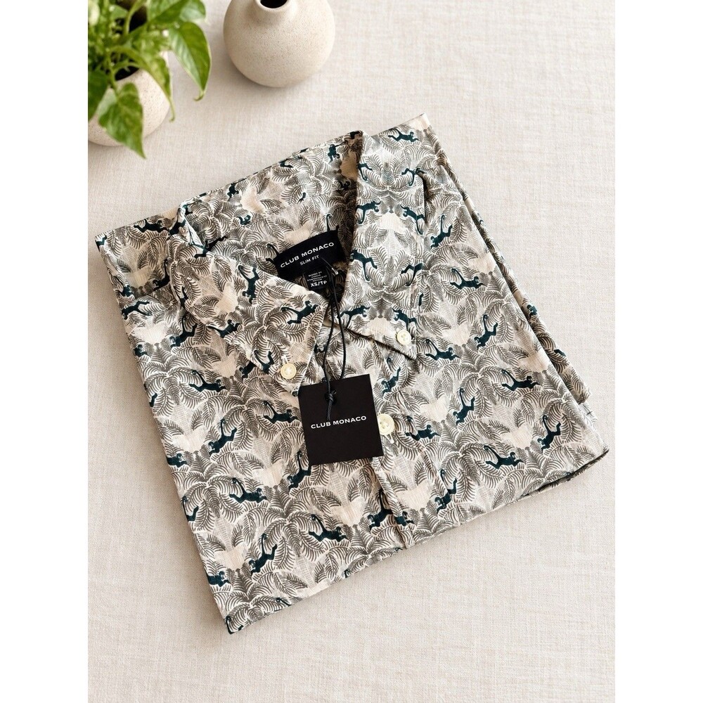 Club Monaco Monkey Palm Print Slim Fit Shirt Men’s XS Gray Cotton NWT $80
